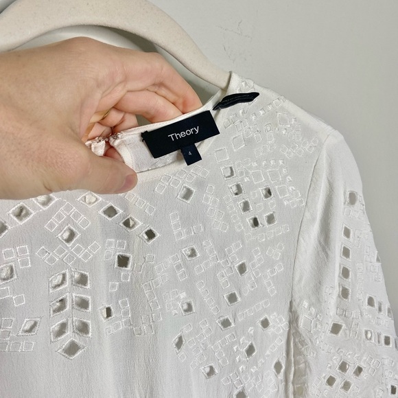 Theory Idetteah Embroidered Cut Out Ghost Crepe Shift Dress Ivory - Picture 7 of 10